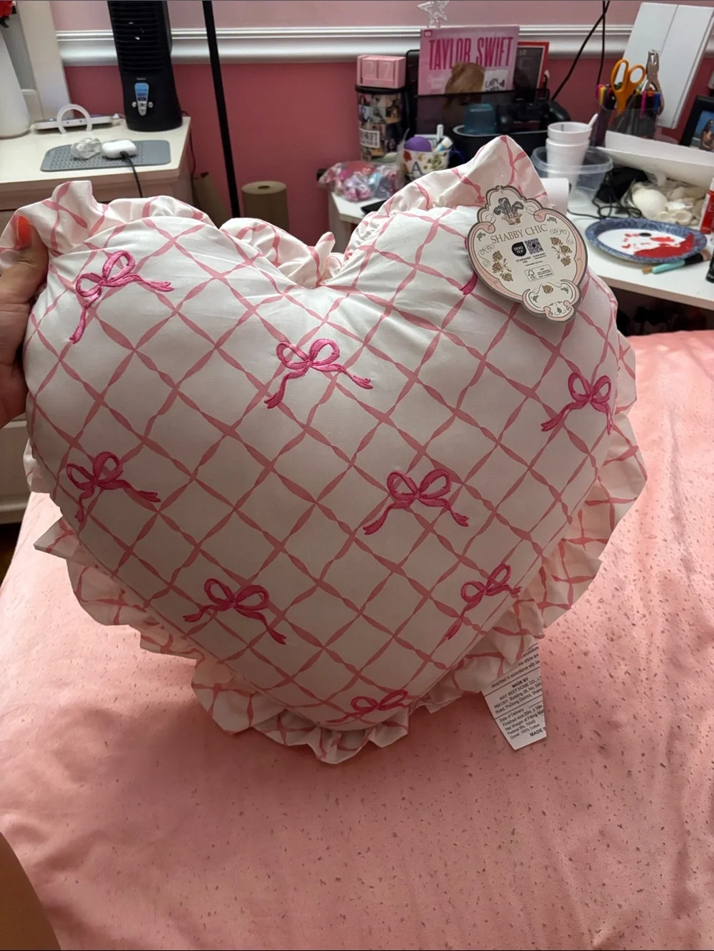 Heart Shaped Bow Print Decorative Pillow - Pink & White